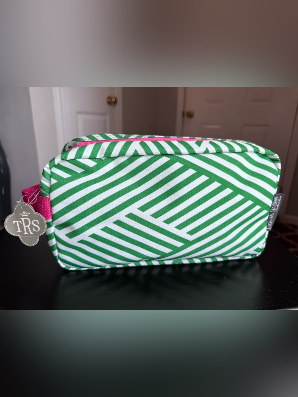 Green & White Striped Cosmetic Pouch with Pink Zip -NWT